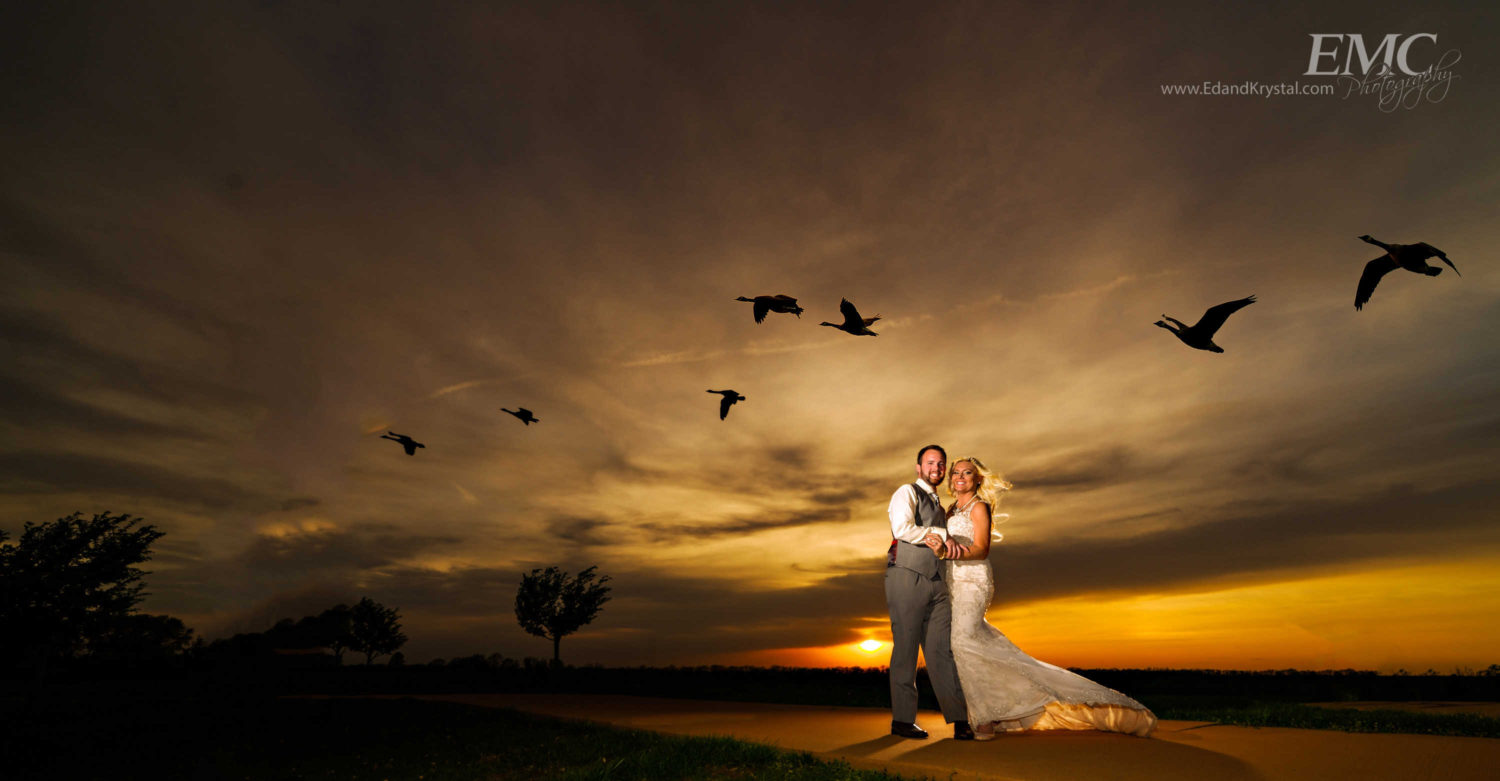 Newlyweds stand hugging as they look at the camera with a sunset behind them and a flock of geese rising into the air.
